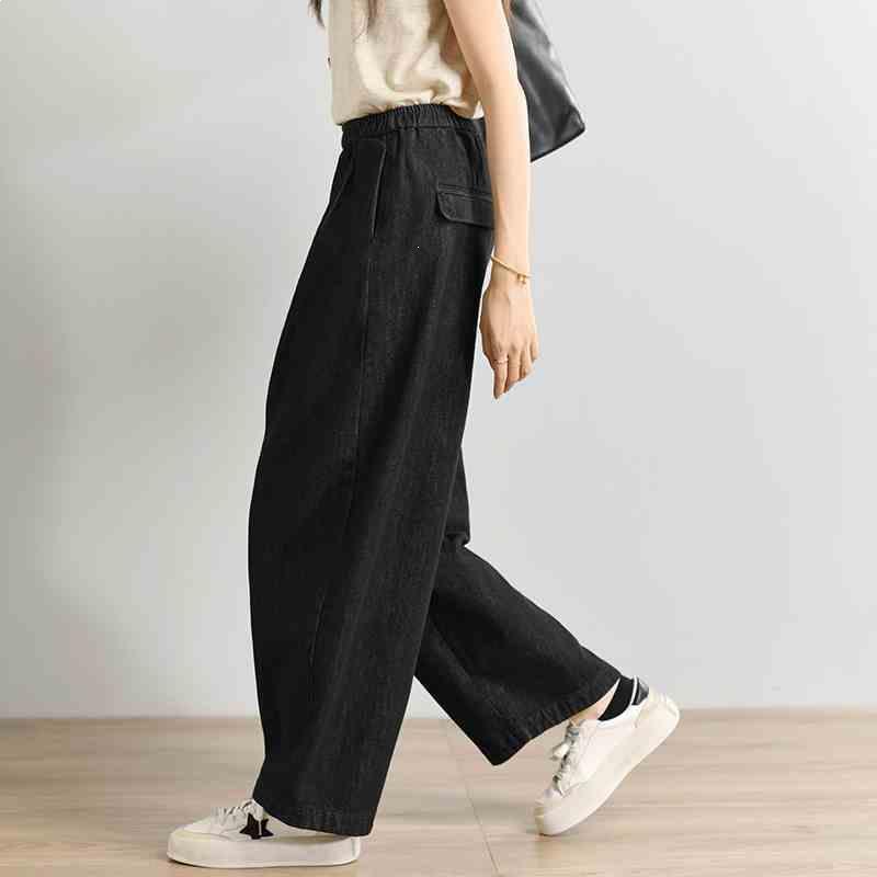 

Women s Spring Wide-Leg Black High-Waist Stretch Jeans - Plus Size Casual Versatile Fit L 115-130 lbs чёрный/джинсовый