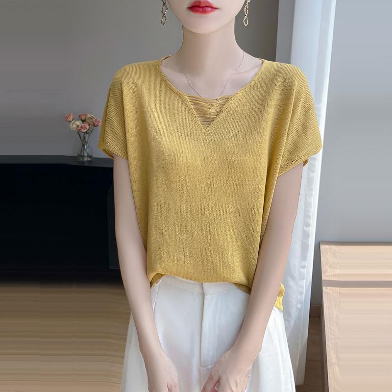 Women Beige V Neck Hollow Out Short Sleeve Loose Casual Knit Top