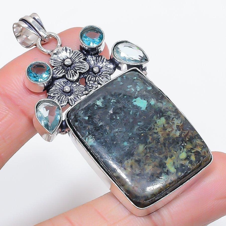Natural Tibetan Turquoise, Topaz 925 Sterling Silver Jewelry Pendant 2.40" e2W22