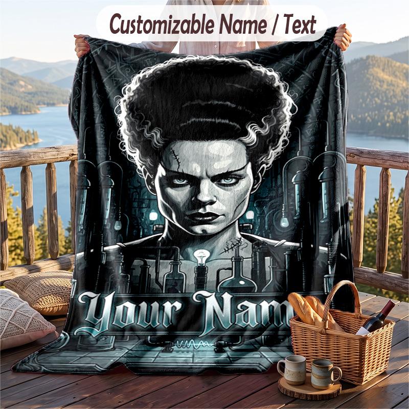 Custom Text Flannel Throw Blanket, Lightweight Cozy Bed Sofa BlanketBride of Frankenstein