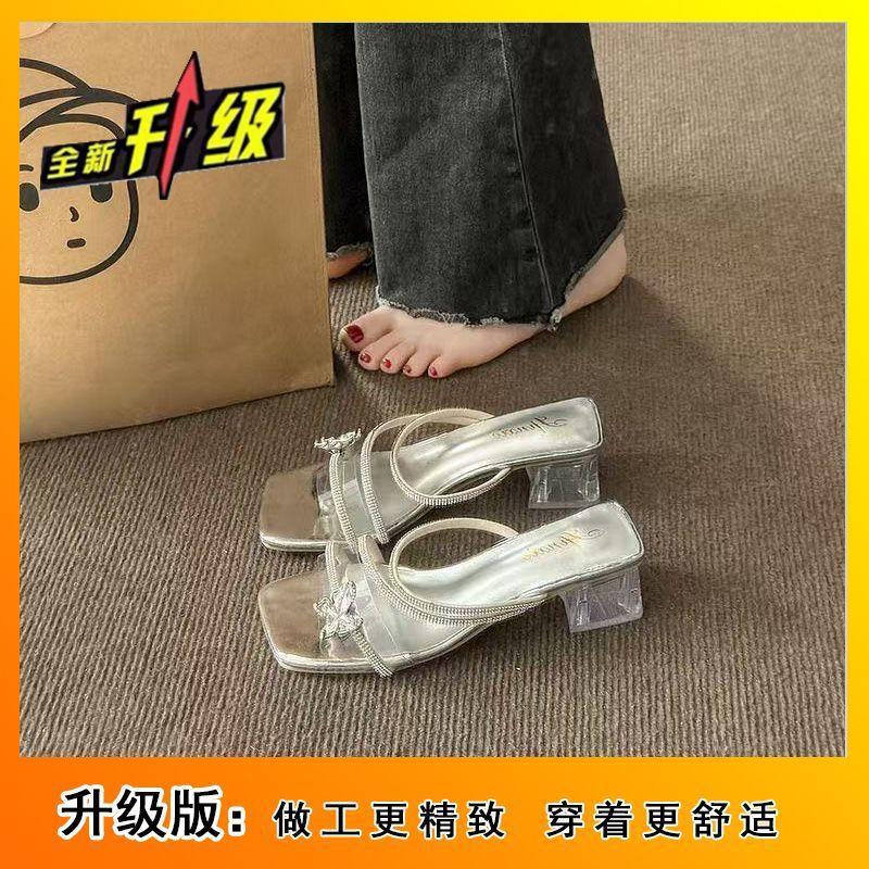 

Rhinestone bow fairy wind high heel cool slippers French crystal thick heel slippers women s summer wear 2025 new models 40