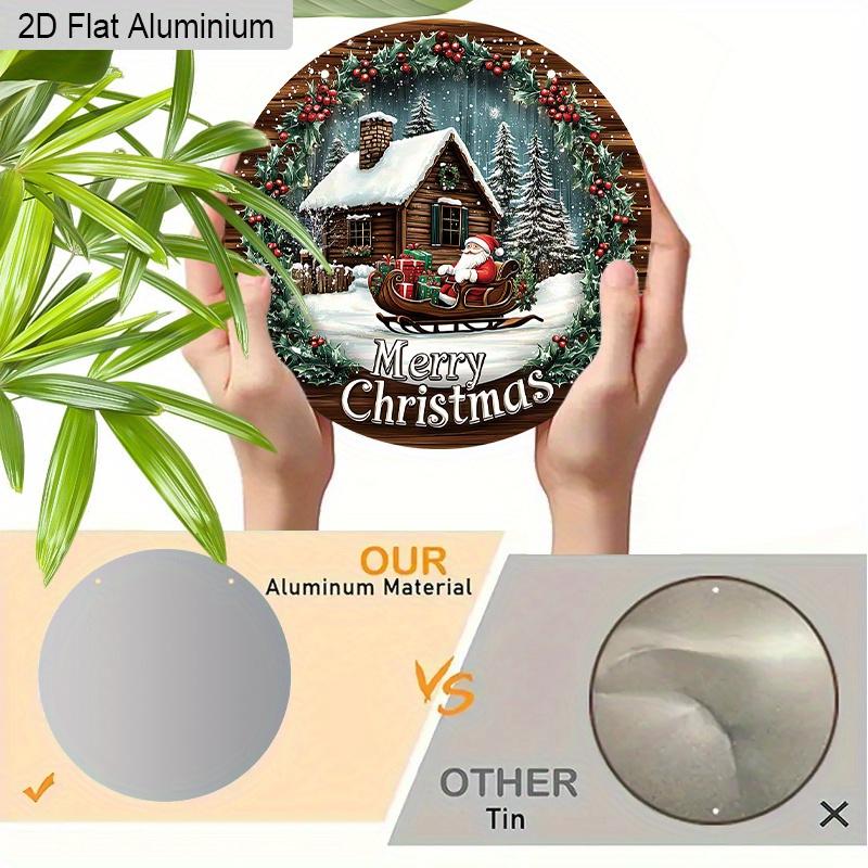 Panneau Joyeux Noël Plat en Aluminium 2D avec Motif Père Noël & Maison - Ornements Figurines Hivernales Chaudes - Idéal pour Porte d'Entrée, Mur, Porche, Fenêtre