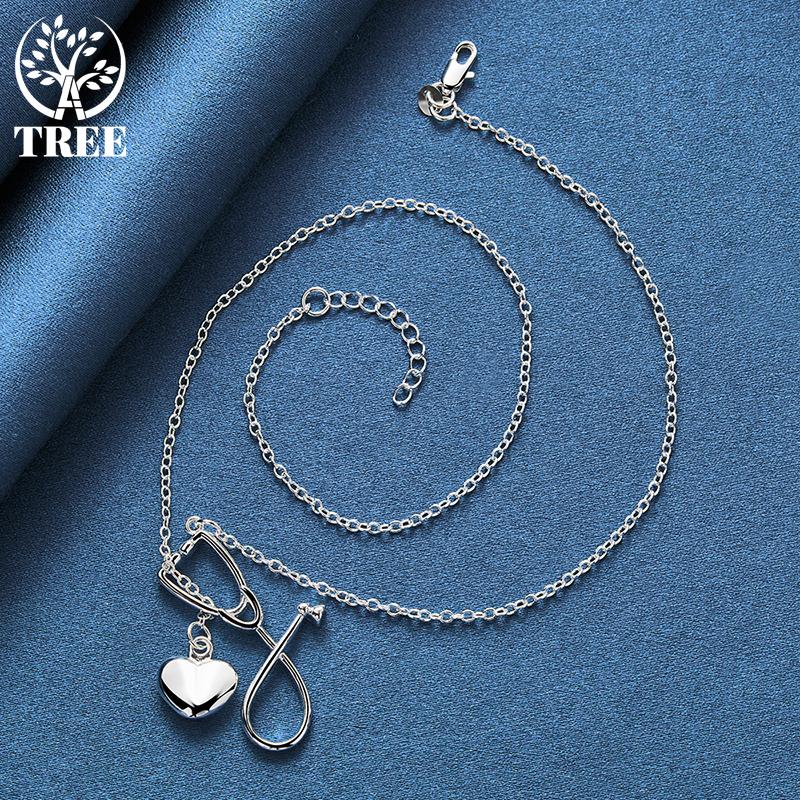 925 Sterling Silver 18 Inch Stethoscope Heart Pendant Necklace Jewelry