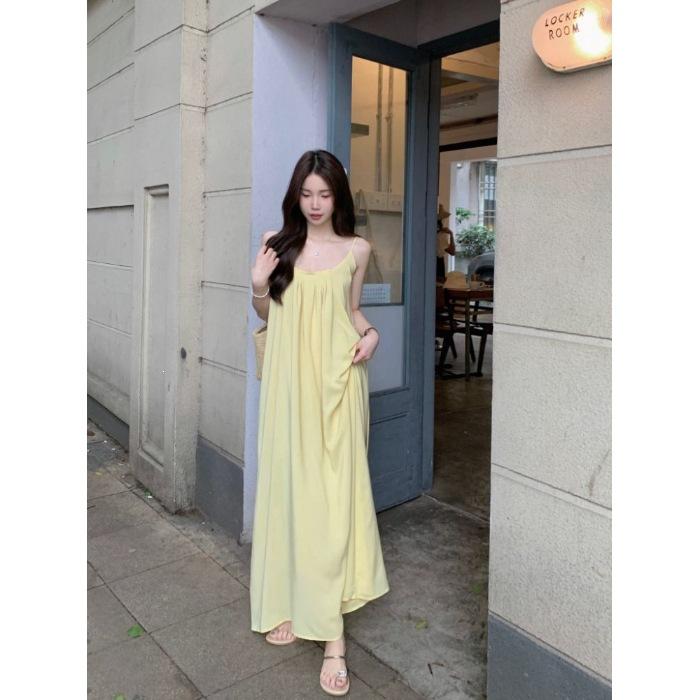 French gentle wind suspender dress summer new holiday loose age reduction thin A word medium and long dress women