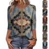 Trendy Vintage 3/4 Sleeve Top For Women,Ladies Casual Three Quarter Sleeve Round Collar Printed T-Shirt Blouse