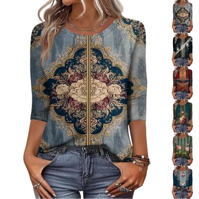 Trendy Vintage 3/4 Sleeve Top For Women,Ladies Casual Three Quarter Sleeve Round Collar Printed T-Shirt Blouse