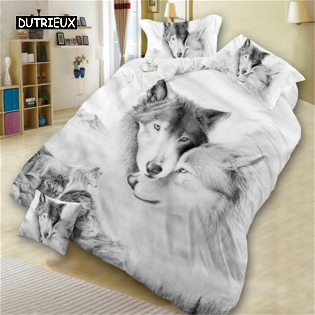 3D Cute Wolves Cat Dog Print Bedding Set Cute Duvet Quilt Cover Wild Animal Tribal Bed Cover With Pillowcases Custom Bed Linen