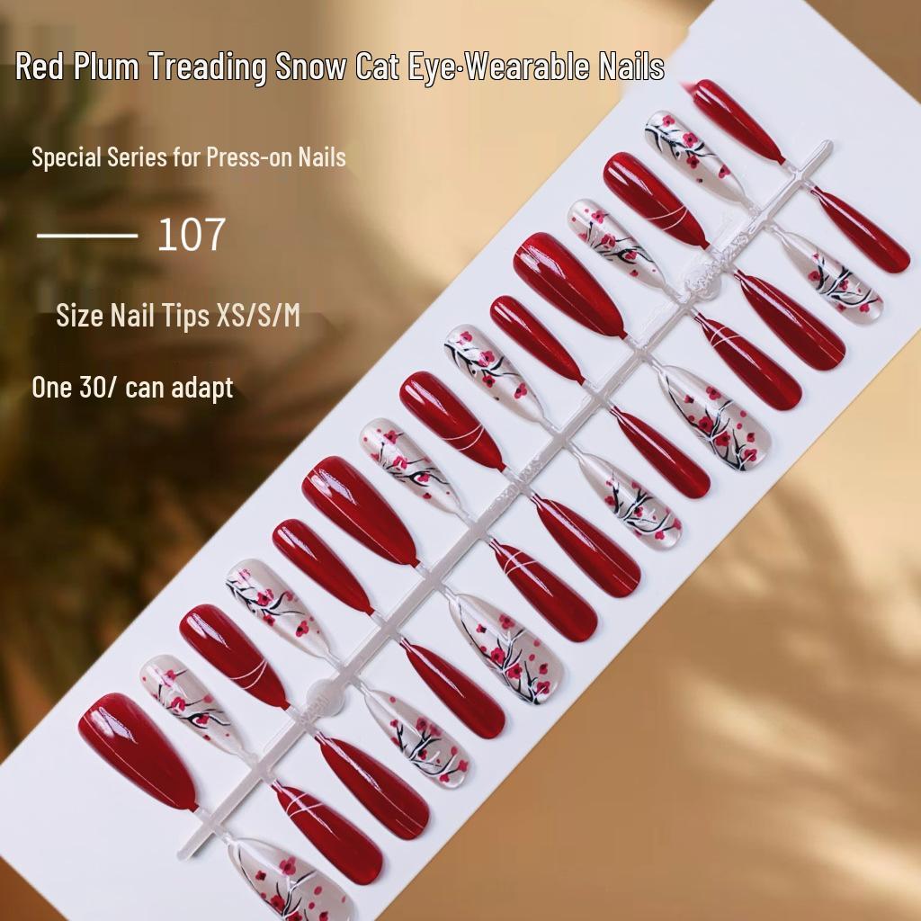 

Red Plum Cat Eye Long False Nails: Stylish Chinese-Inspired Nail Art