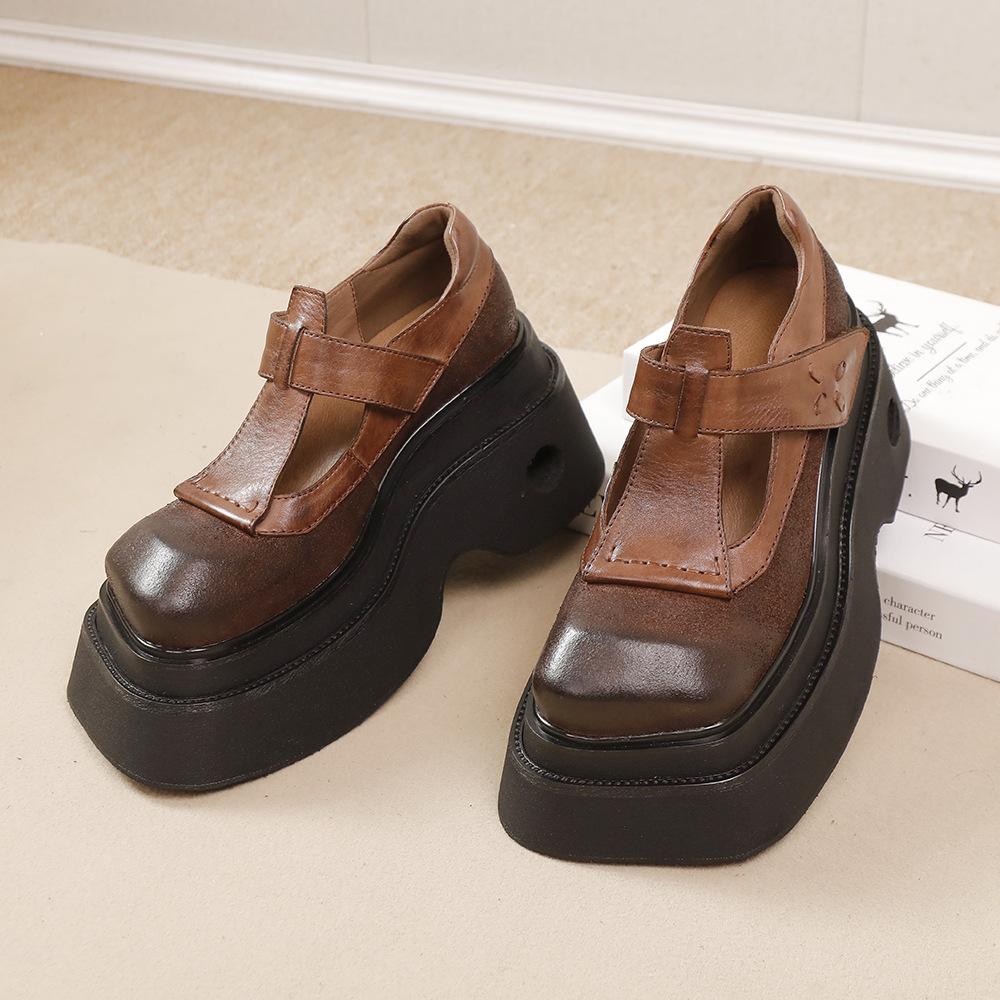 Fashion GKTINOO Vintage Thick Sole Square Toe Pumps 2025 Spring New Genuine Leather Heightening Women's Platform Shoes