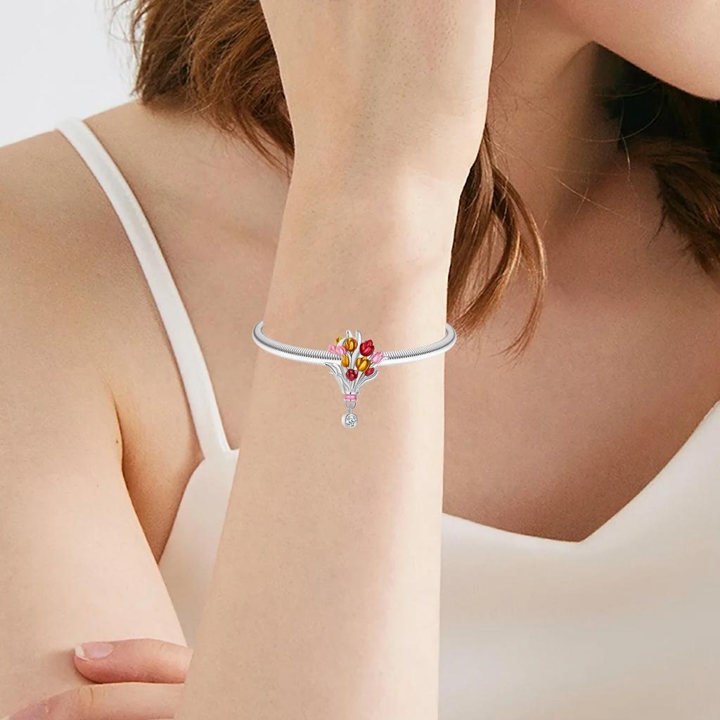 Copper Colorful Flower Charm Roses Tulip Daisies Bead Pendant Fit Original Necklace Bracelet Women Jewelry Diy Gift