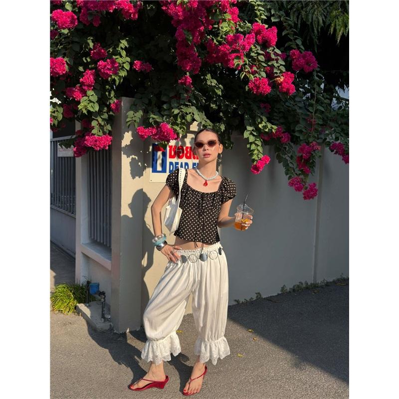 Romantic White Lace Trim Drawstring Wide-Leg Cropped Pants