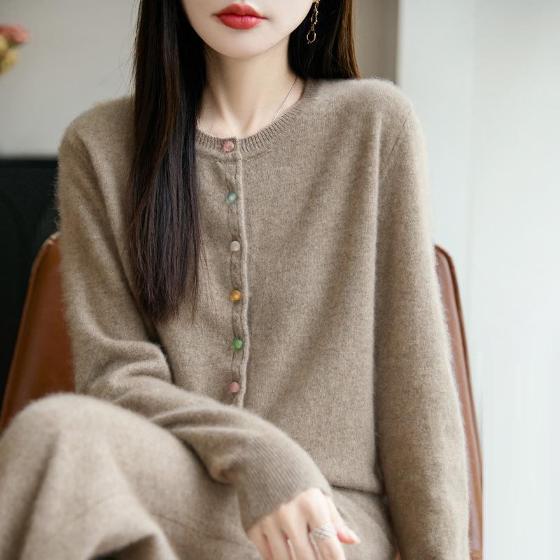 Women's Autumn 2025 Pure Wool Round Neck Cardigan - New Style Loose Knit Sweater