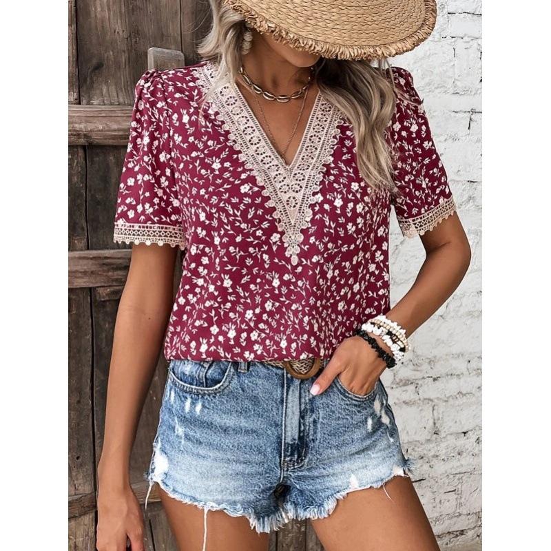 Summer Women's T-shirt Pastoral Fashion Floral Print Lace Collar Short Sleeve Tops
