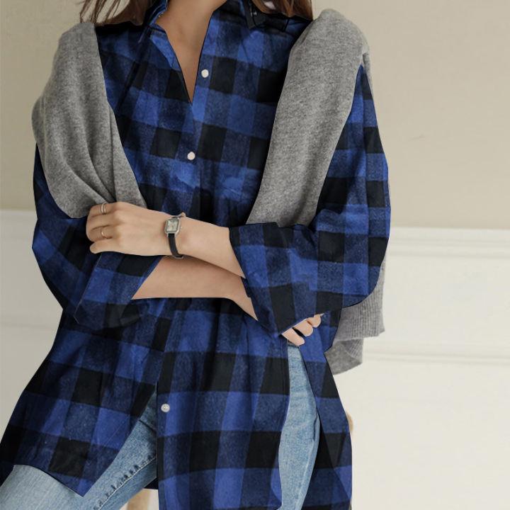 2025 Women's Plaid Lapel Long-Sleeve Mid-Length Fashion Shirt