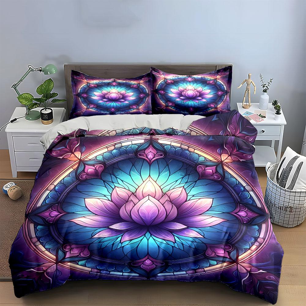 Colorful Mandala Lotus Decor Set Bedding Set with 1 Duvet Cover 2 Pillowcases Single Double King Queen, Gift