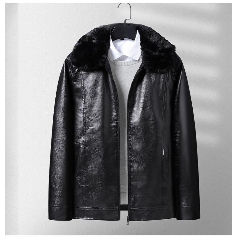 Autumn Winter Turn Down Fur Collar Fleece Lined PU Leather Jacket Men Casual Fashion Coat Warm Outwear Top