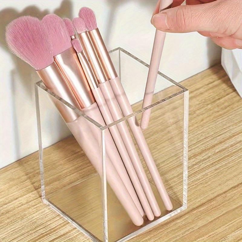 1pc Clear Acrylic Square Pen Holder, Cosmetic Brush Organizer, Desktop Stationery Storage for Students and Office