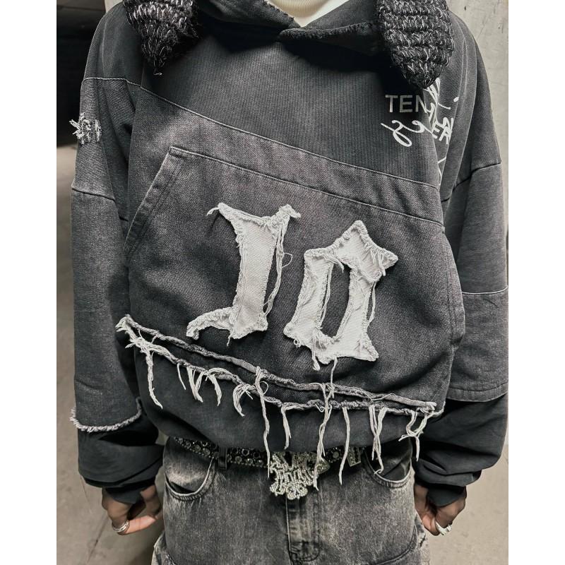 Oversized Distressed Hoodie Unisex Streetwear Loose Fit Graphic Print Black Cotton Blend 2025 Winter