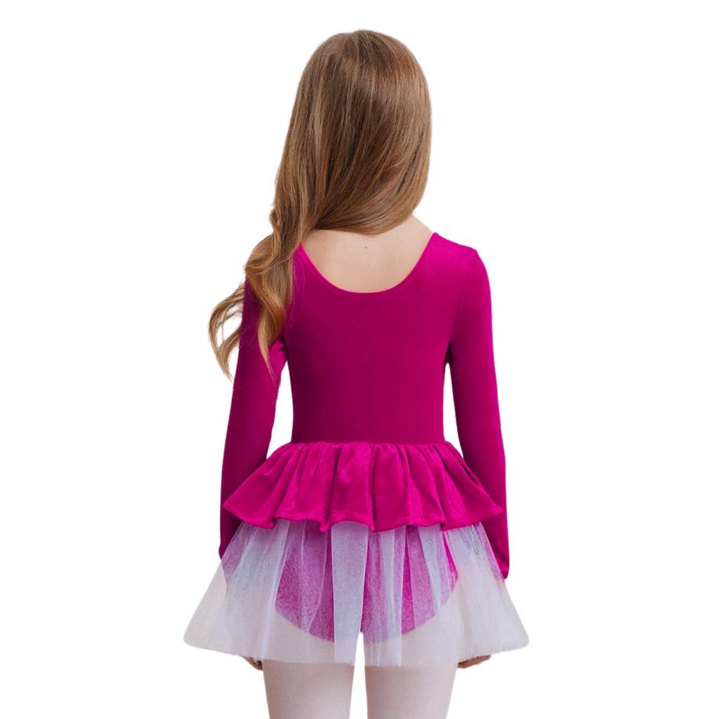Mädchen Eiskunstlauf Performance Kleid Langarm Glitzernde Pailletten Patchwork Samt Tüllkleid Eingearbeiteter Slip Ballett Kostüm