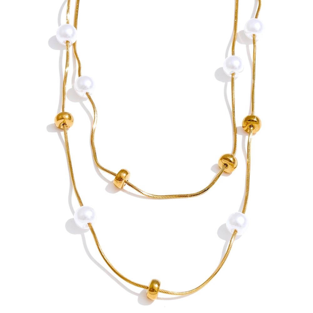 Yhpup Stainless Steel Double-Layer Pearls Chain Overlay Necklace for Women Popular Chic Women Korean Chic Jewelry Accessories