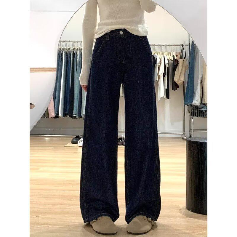 

Женские джинсы с высокой посадкой, темно-синие, прямого кроя: Стройнящий, Свободный крой для фигуры типа «груша» (осень) 5XL темно-синий