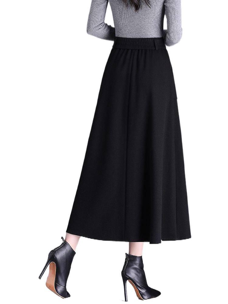 High-Waisted Wool A-Line Midi Skirt with Pockets for Autumn and Winter