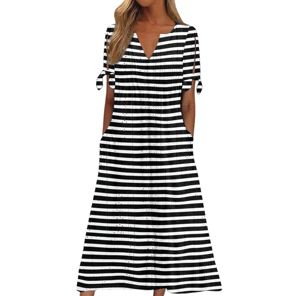 Ladies Casual Fashion Temperament Elegant Waist Striped Long Dress