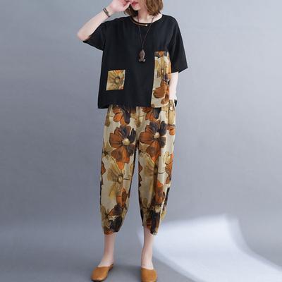 2-teiliges Set mit T-Shirt und Hose für Damen, Rundhalsausschnitt, kurze Ärmel, Patchwork-Oberteil mit Aufdruck, elastische Taille, weites Bein, Übergröße, lässiges Alltagsoutfit