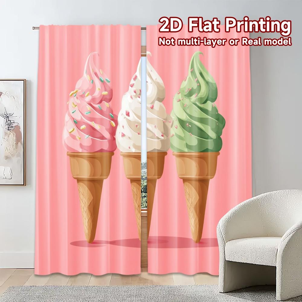 2 stuks, gordijnen met 2D-platte print (Zonder Rod) IJscrème Trio Populaire Print Gordijnen Prints Lichtdoorlatende Gordijnen Thermisch