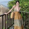 Summer New Vacation Style Loose Thin Suspender Collar Printing Layered Splicing Dress Travel Vacation