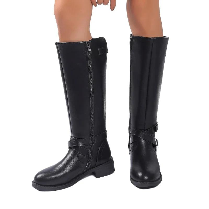 Damenschuhe Seitlicher Reißverschluss Damenstiefel Mode Gürtelschnalle Moderne Stiefel Damen Neue runde Zehenpartie Quadratischer Absatz Kniehohe Stiefel