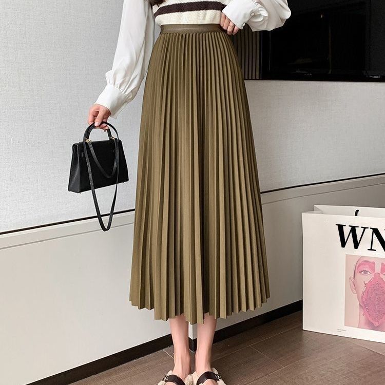 High Waist Long Women Skirt A Line Elastic Pleated Calf Length Solid Simply Classic Female Bottom Thin Summer Y2k Skirt