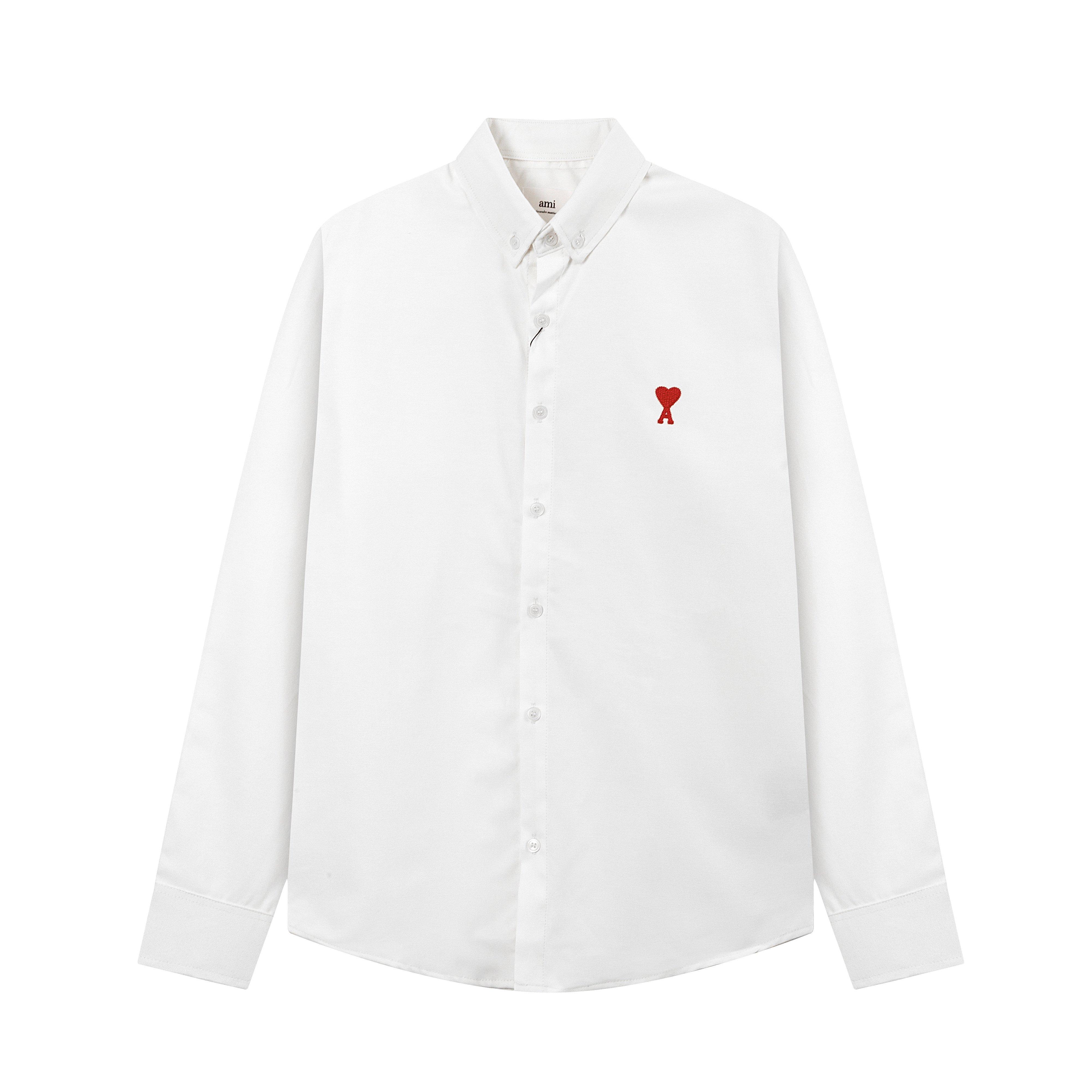 

AMI Classic Весенне-осенняя повседневная хлопковая однотонная рубашка с длинным рукавом и вышивкой красного сердца на груди M