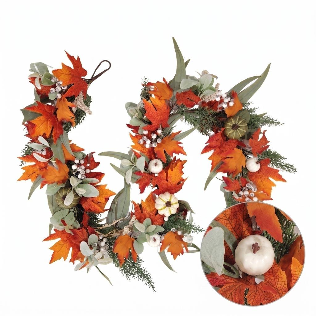 Pumpkin Maple Leaf and Bunny Ear Leaf Garland with Wire for Thanksgiving Fireplace Staircase Front Door Decor