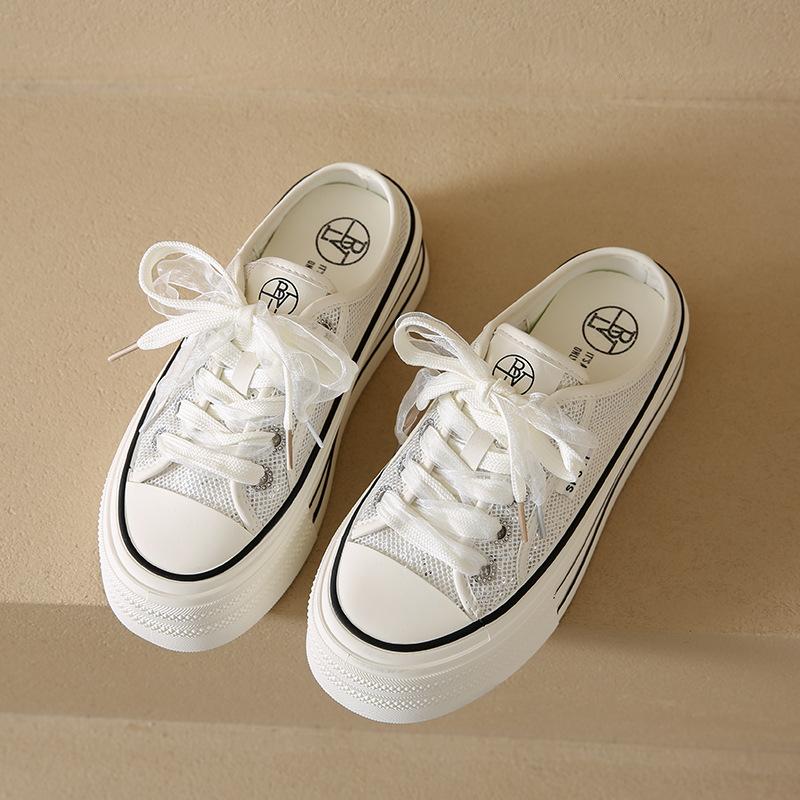 

Женские парусиновые туфли на скрытой платформе, летние 2025, новые, на толстой подошве, повседневные, с закрытым носком, полушлепанцы 40