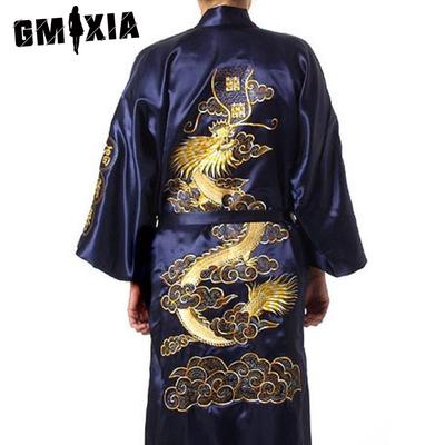 Herren Tang Anzug Bademantel mit schwarzer Stickerei Pyjama