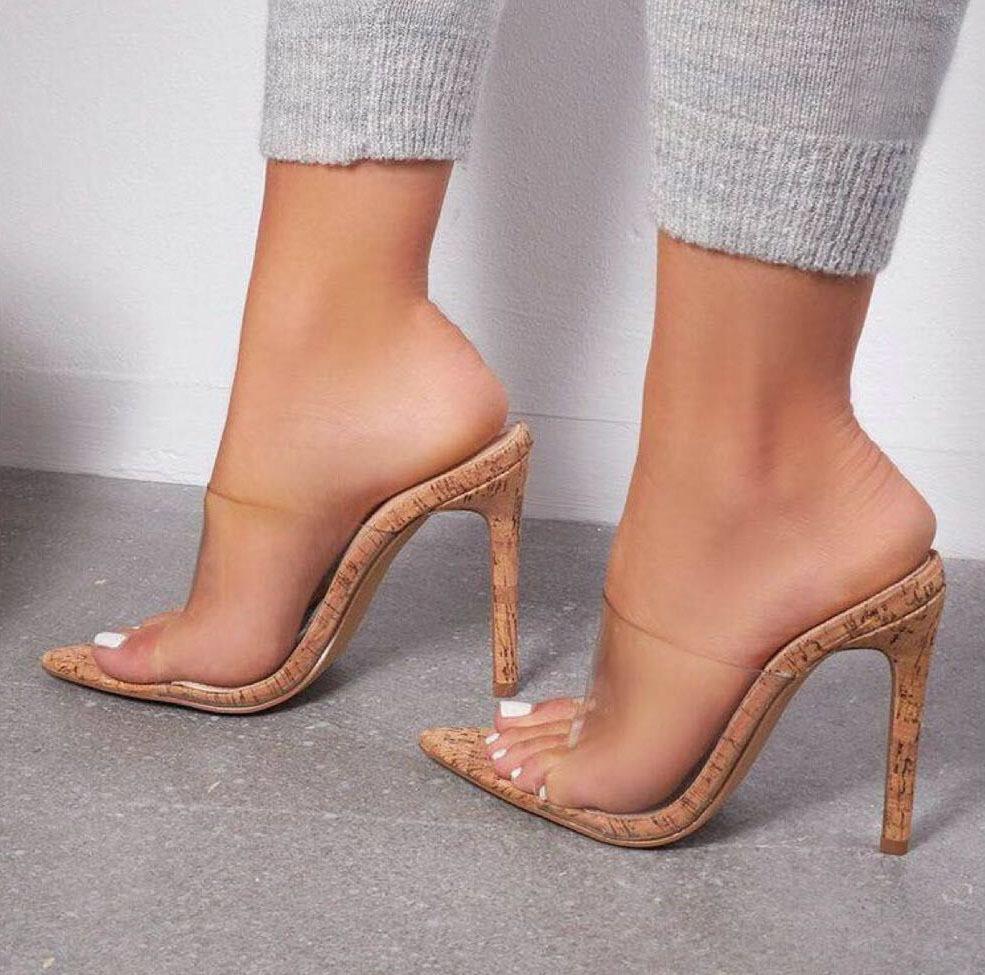 European and American foreign trade women's shoes fish mouth stiletto transparent high heels large size one-word cool slippers round head high heel s
