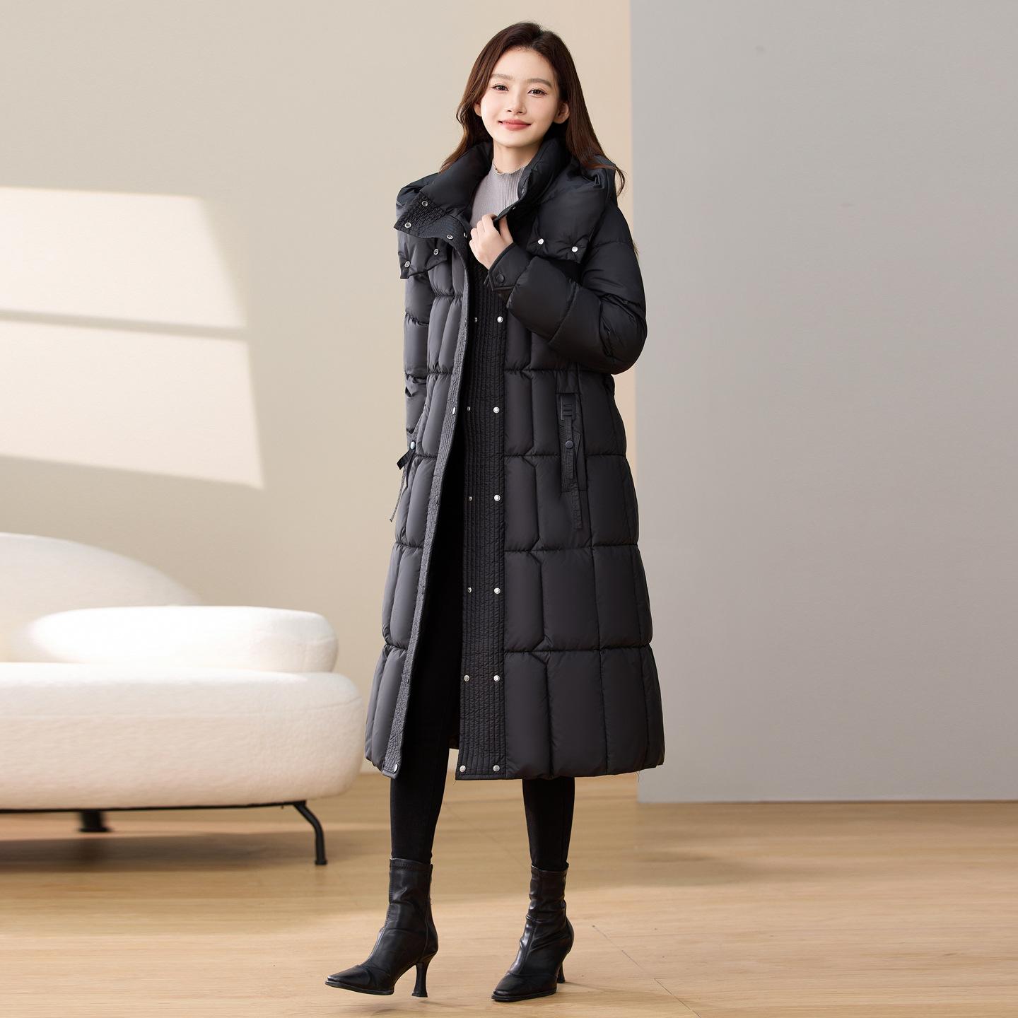 Autumn and Winter Loose Long Hooded Cotton Clothes Over the Knee Thickened Windproof Jacket L чёрный