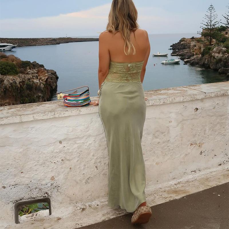 Durchsichtiges Spitzen-Ausschnitt Sexy Party Club Y2K Kleider Outfits Damen Neckholder Sommer Ärmellos Rückenfrei Bodycon Strand Maxi-Kleider