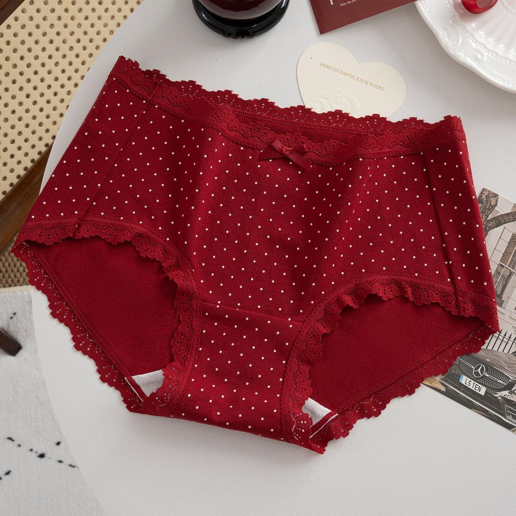 Plus Size Lady Spring and Summer Wedding Celebration Red Lace Cotton Extended Middle Waist Triangle Briefs