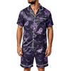 Men's Halloween Pajama Set Short Sleeve Striped Plaid Print Satin Two Piece with Pockets Loose Fit Sleepwear