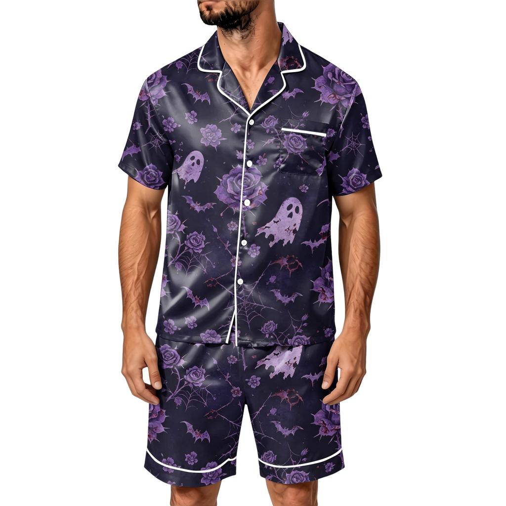 Men's Halloween Pajama Set Short Sleeve Striped Plaid Print Satin Two Piece with Pockets Loose Fit Sleepwear