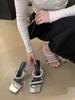 Beautiful High-heeled Sandals Women's New Models with Skirts, Cool Slippers, Square-headed Rhinestone Slips.