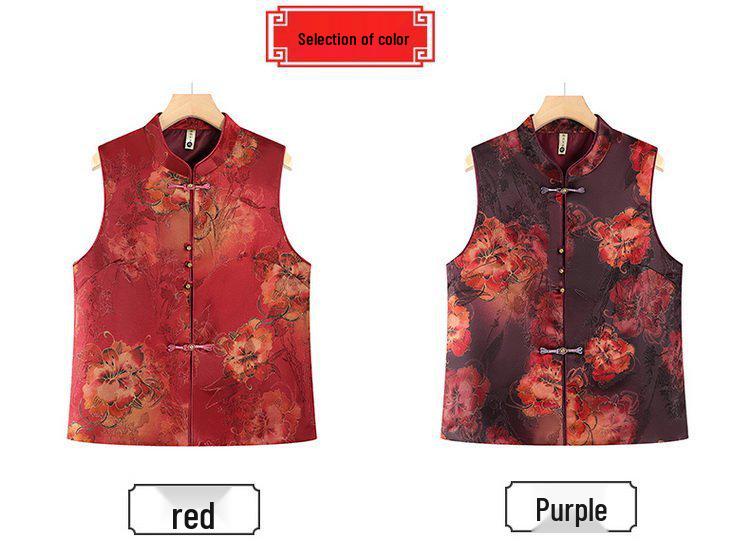 Plus Size Floral Two-Tone Stand Collar Vest for Middle-Aged and Elderly Women - Spring & Autumn Style