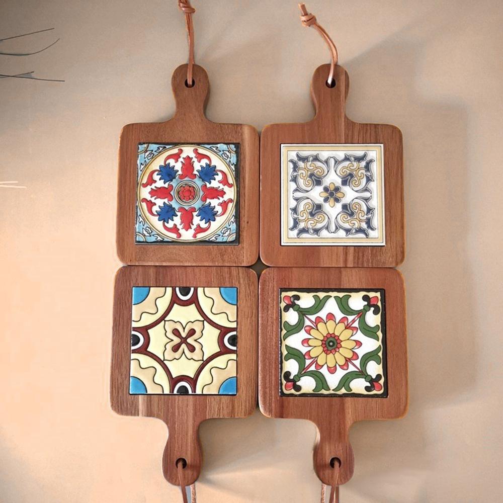 1 PCS Vintage Wooden Thickened Coasters Heat-insulating and Anti-scald Protection Table Cup Pad Flower Kitchen Dishes