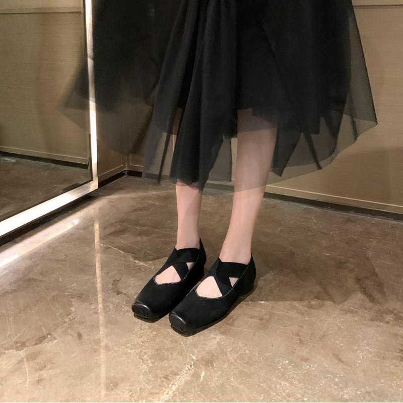 [sheii Su Yinyin] Washing Process~ Pig Nose Retro Old Cross Belt Leather Ballet Shoes Women's Single Shoes