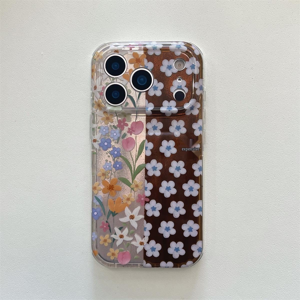 Double Layer Brown Floral Patchwork iPhone 14/13/Pro Max Anti-Fall Case iPhone 15 Pro