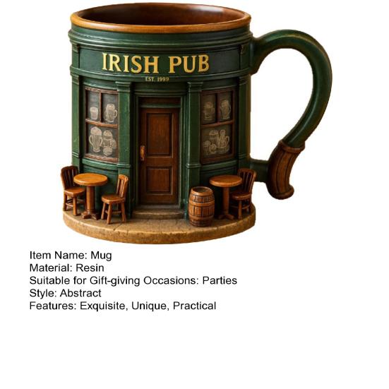 Irlandzki Pub Kubek 3D 330ml Kubek Śniadaniowy na Herbatę Kawę Piwo Sok Żywica Naczynia do Napojów dla Mężczyzn Kobiet Rodziny Przyjaciół