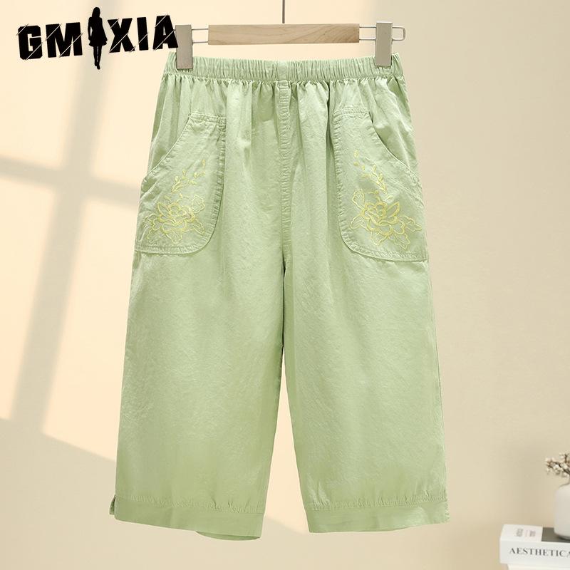 

GMXIA Summer Women Elastic Waist Straight Trousers Middle Age Older Women High Waist Straight Pants Washed Cotton Cropped Plus Size Pants XL зелёный