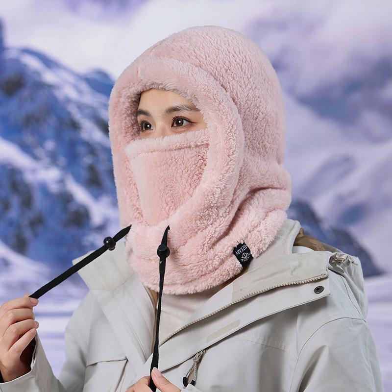 Warm Hood Hat, Scarf Integrated Hat, Women's Winter Velvet Thick Ski Riding Electric Vehicle Mask, Windproof Cover Hat